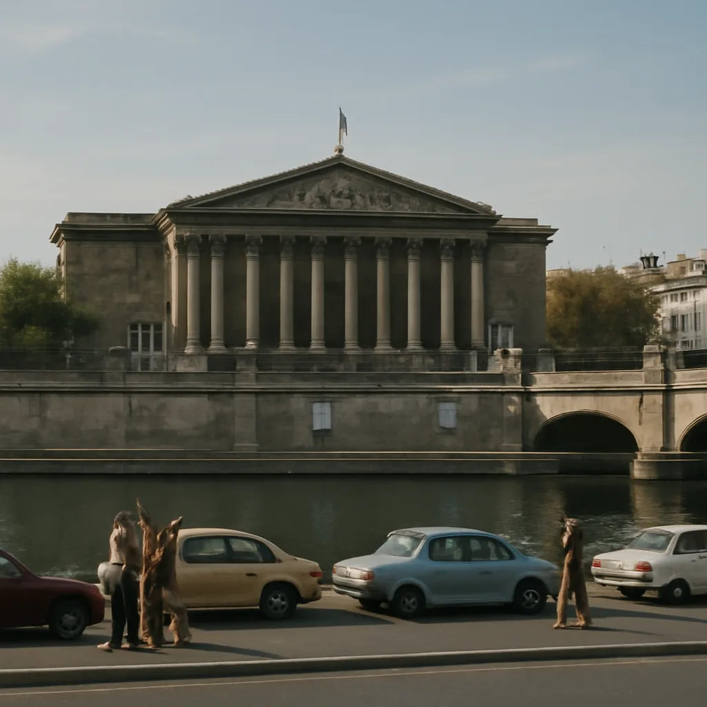A wide exterior view of the Palais Bourbon (French National Assembly) in Paris during the early 1980s, with period cars and people in contemporary clothing gathered outside.