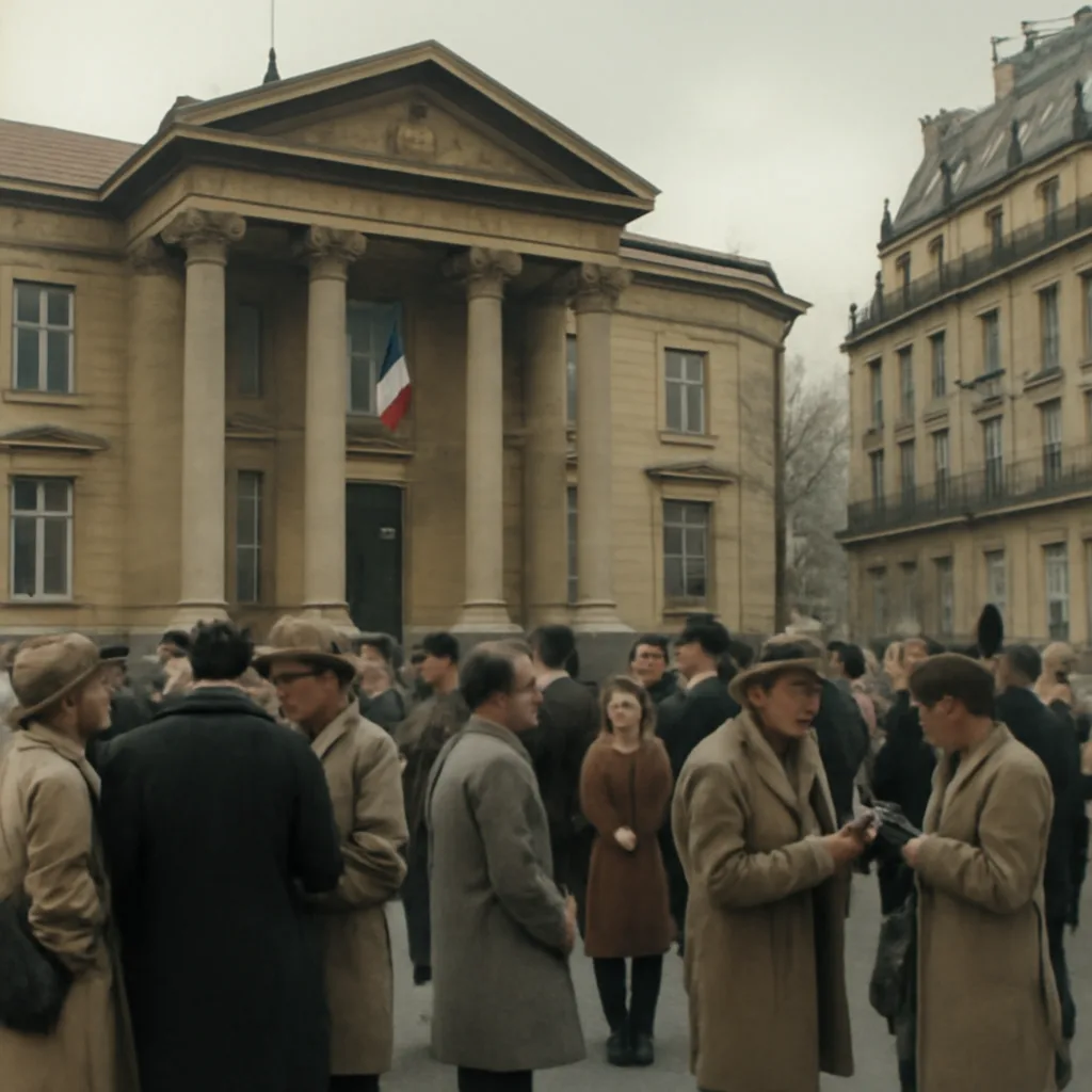 A 1980s French courtroom exterior and a crowd on the street outside, with French flags and period clothing; no identifiable faces.