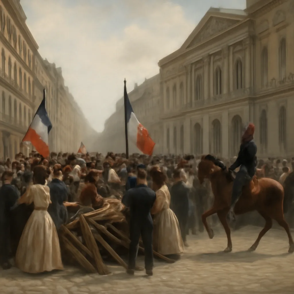 Crowded Paris street scene in 1830 with citizens, barricades, and tricolor flags; a mounted messenger rides past government buildings under a summer sky.