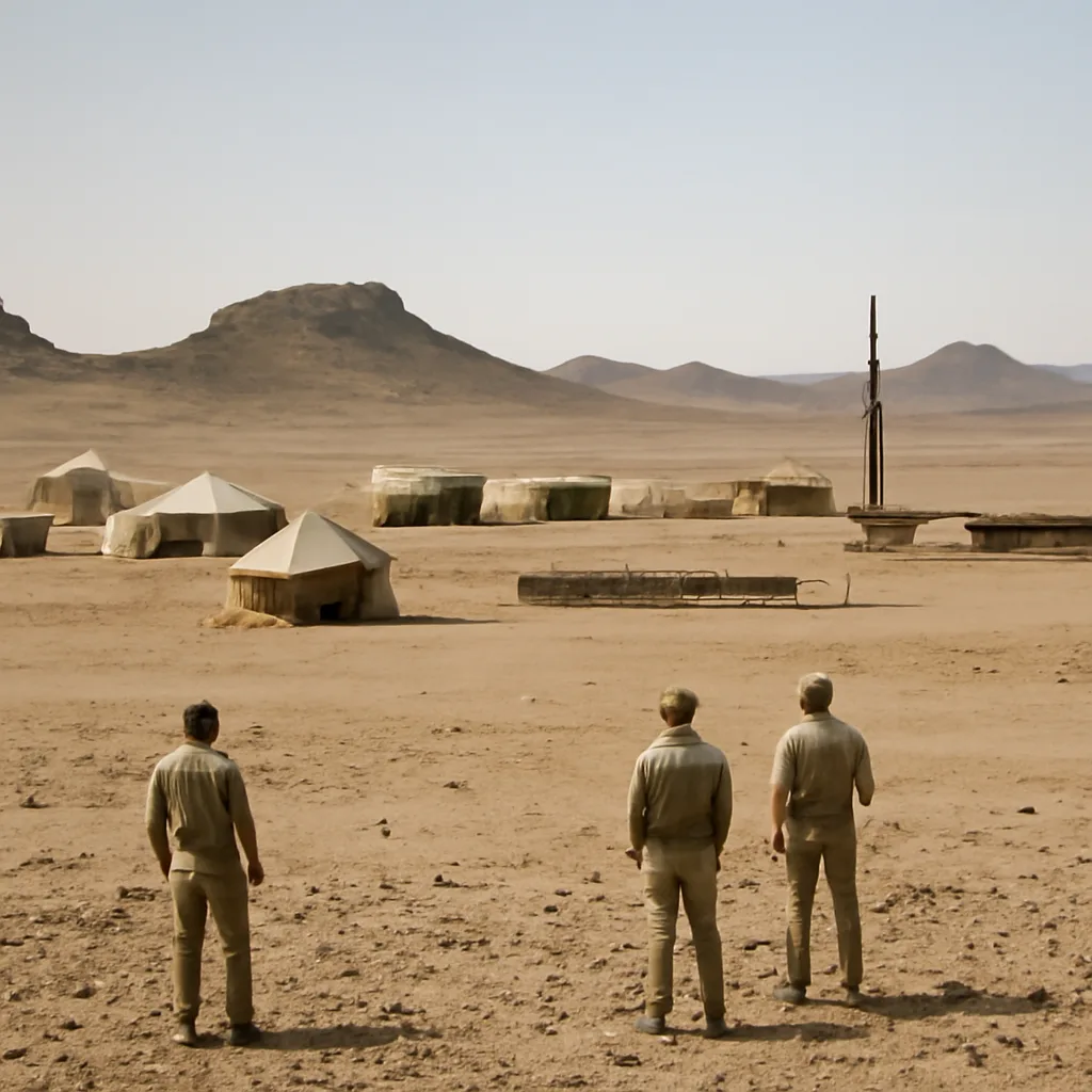 Distant view of the Hoggar (Ahaggar) highlands in the Algerian Sahara with a barren rocky plain, a sunlit sky, and sparse equipment silhouettes indicating a mid-20th-century military test site.