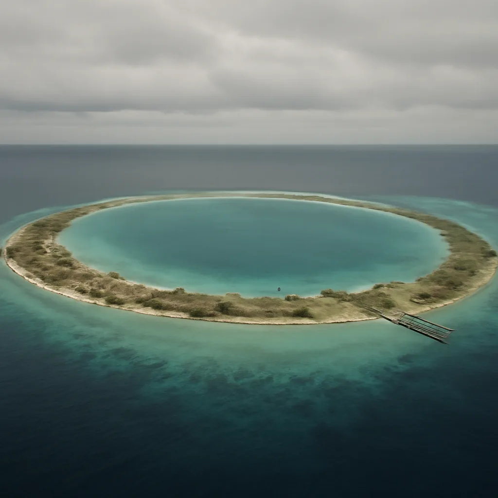 Aerial view of Mururoa atoll lagoon and ring-shaped coral atoll in the South Pacific, showing reef perimeter and calm ocean waters under cloudy sky.