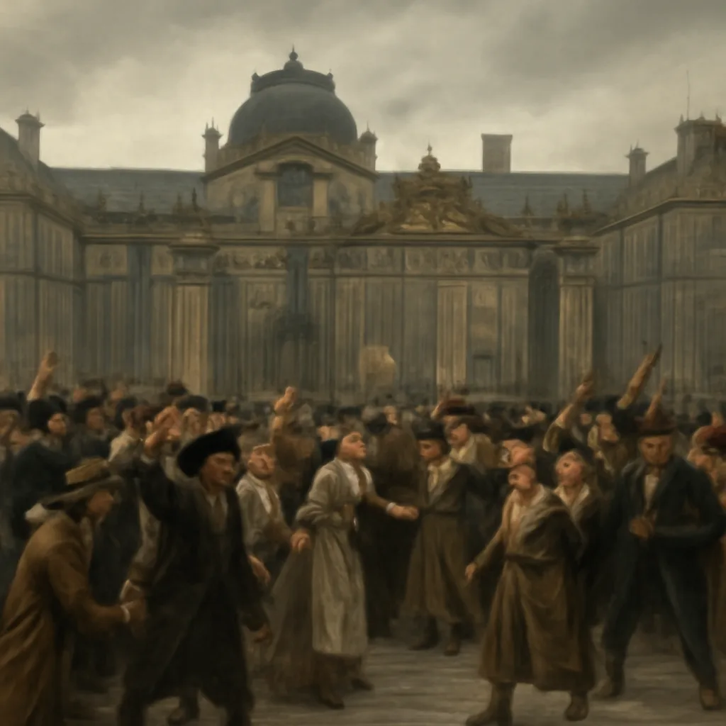 Crowd confronting the royal residence at the Tuileries Palace in June 1792, with revolutionary banners and armed citizens in late 18th-century dress outside the palace gates.