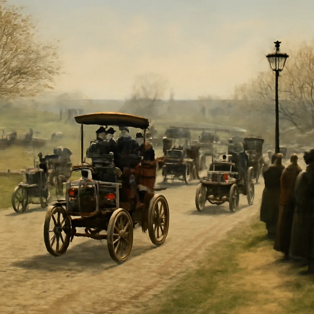 Late 19th-century horseless carriages and early automobiles assembled on a country road near Paris, with drivers in period clothing and onlookers in 1890s attire beside unpaved roadside.