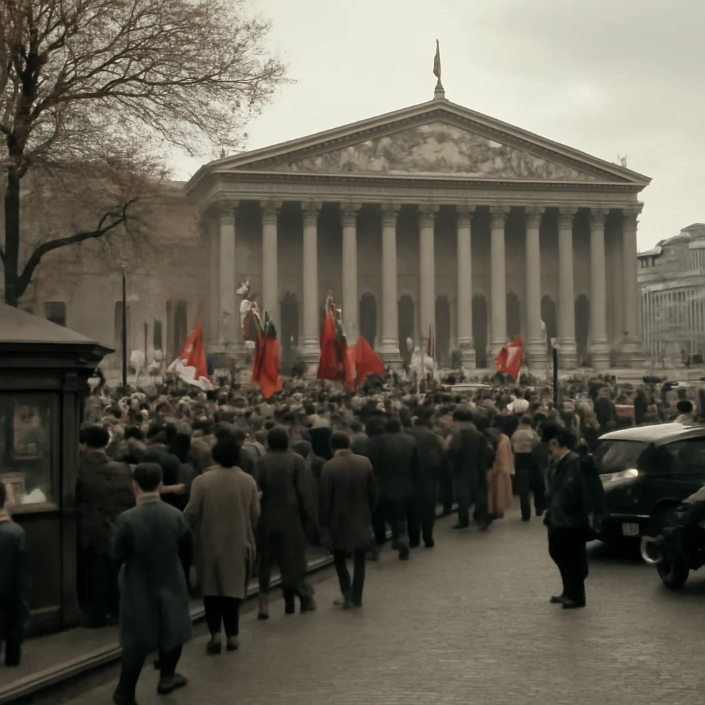 Crowd outside the Chamber of Deputies in 1930s clothing, with flags and banners, police and political posters visible, capturing public attention during a period of political crisis.