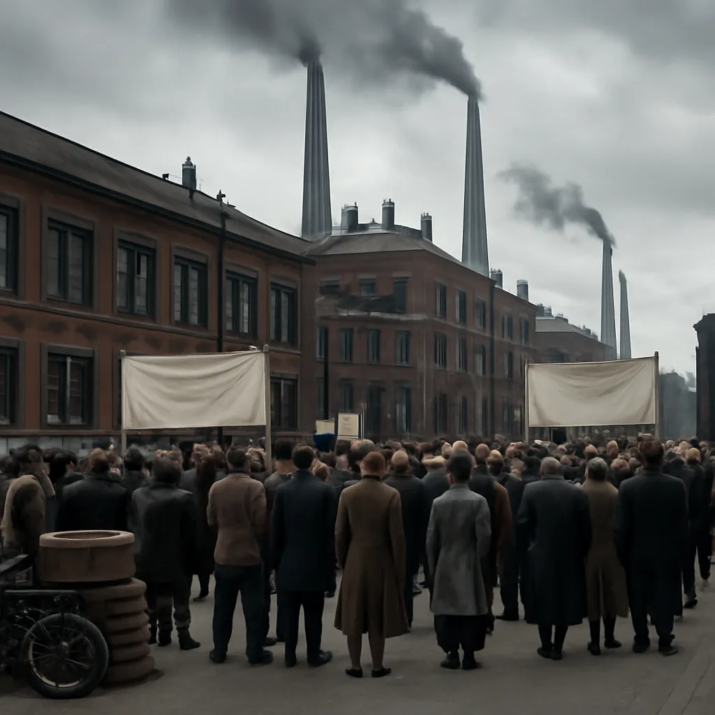 Crowd of French factory workers and union banners gathered outside an industrial complex in 1930s clothing during mass strikes and factory occupations.