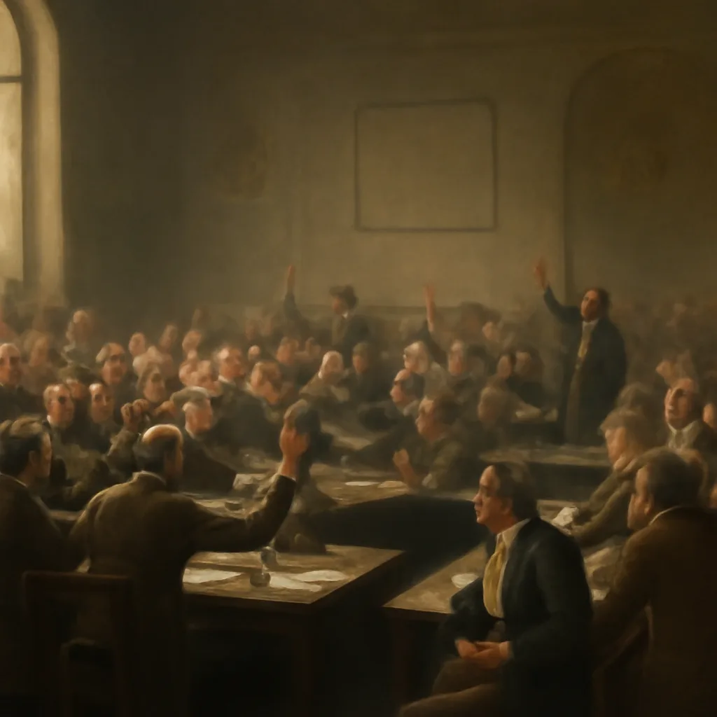 Delegates of the National Convention debating in an assembly chamber, with removed royal insignia and republican banners; crowded interior scene emphasizing political action rather than individual portraits.