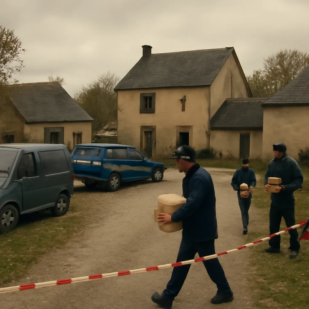 Police vehicles and gendarmes outside a rural compound in France during a coordinated law-enforcement operation, with officers carrying boxes and entering a fenced property; overcast afternoon.