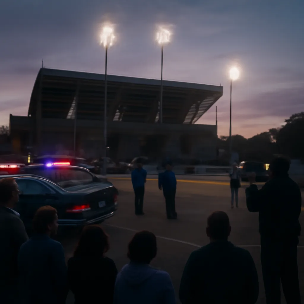 Exterior view of a college stadium at dusk with police vehicles and officers near an entrance and groups of spectators standing at a distance; stadium lights are on and signage is non-identifying.