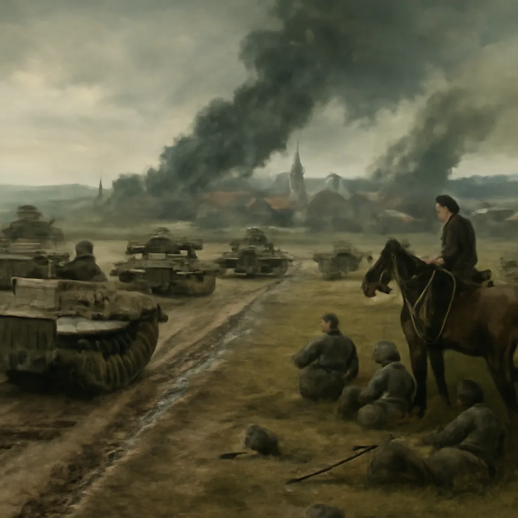 German armored columns advancing on a Polish road with smoke rising from distant bombed buildings; cavalry and infantry visible; overcast sky, 1939 Eastern European town outskirts.