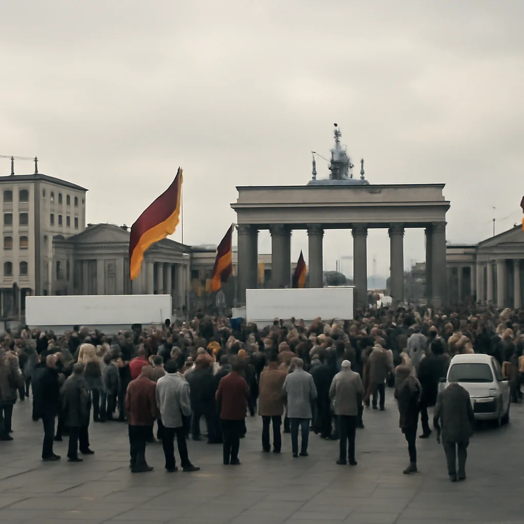 Crowds and officials amid flags of the Federal Republic of Germany in Berlin around October 1990, marking celebrations and public gatherings as East and West Germany were reunified.