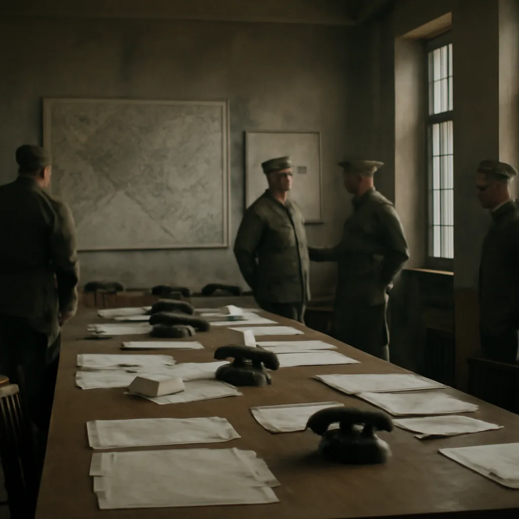 Allied officers and staff at a table inside a wartime command post with maps and documents as German surrender papers are prepared; wartime uniforms and a map-lined wall are visible, no identifiable faces.