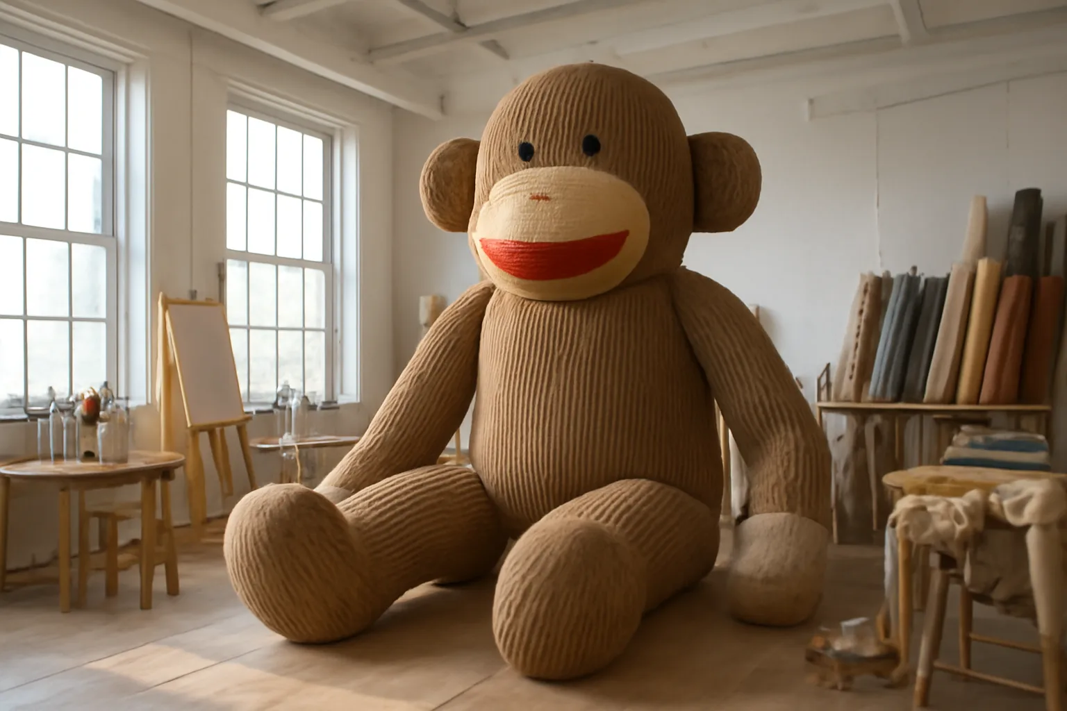 large sock monkey sculpture made of corduroy fabric displayed in an art studio with visible rolls of fabric and creative tools
