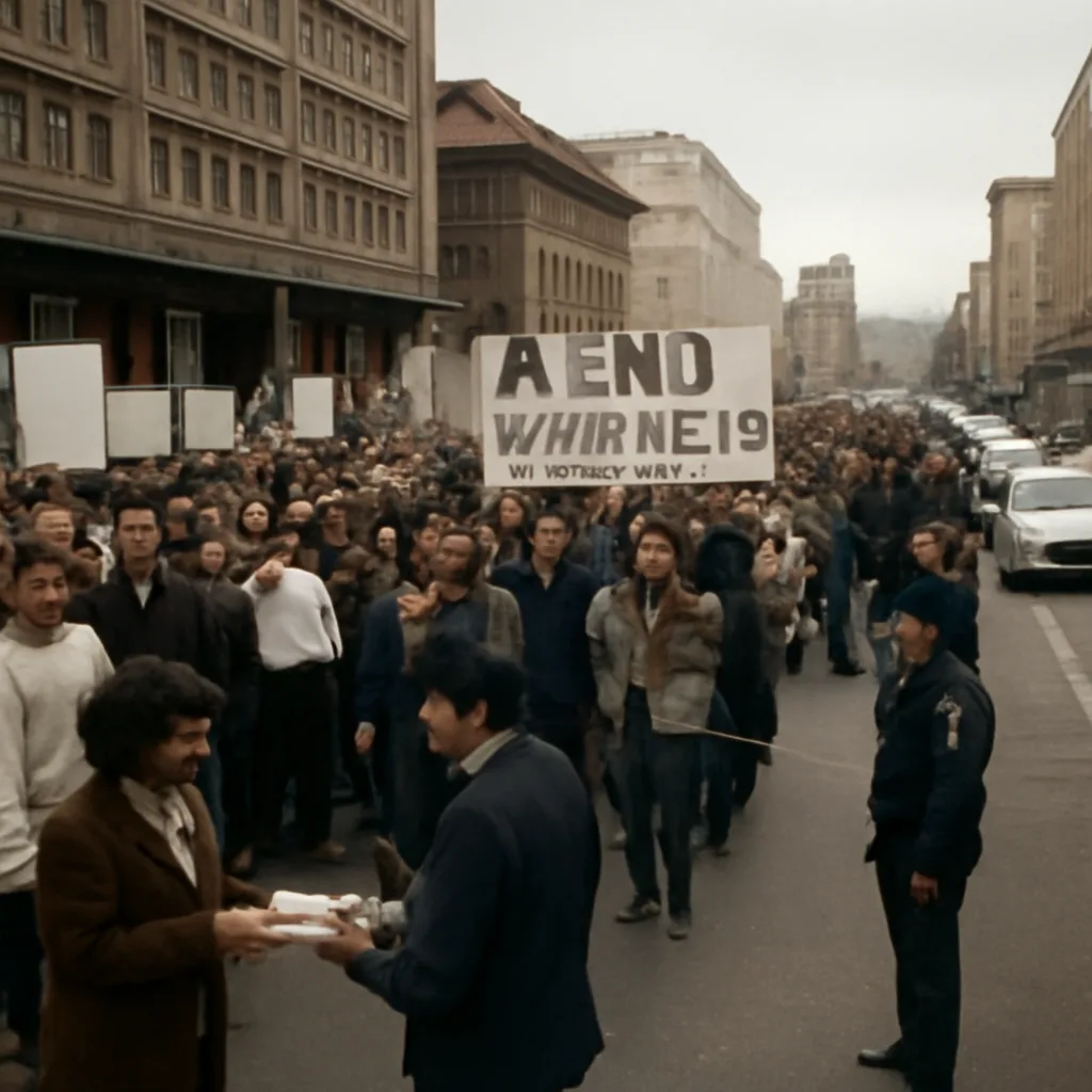 Protesters and anti-apartheid banners outside a consulate; police presence and placards calling for sanctions and divestment, late 1980s urban street scene.