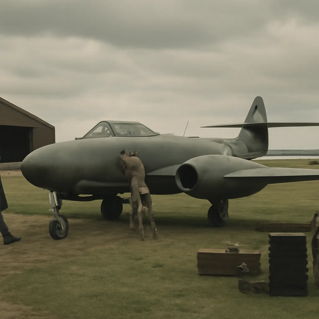 A Gloster Meteor early prototype on the ground or taking off in 1940s wartime Britain, twin-engine straight-wing jet aircraft with wartime RAF markings.