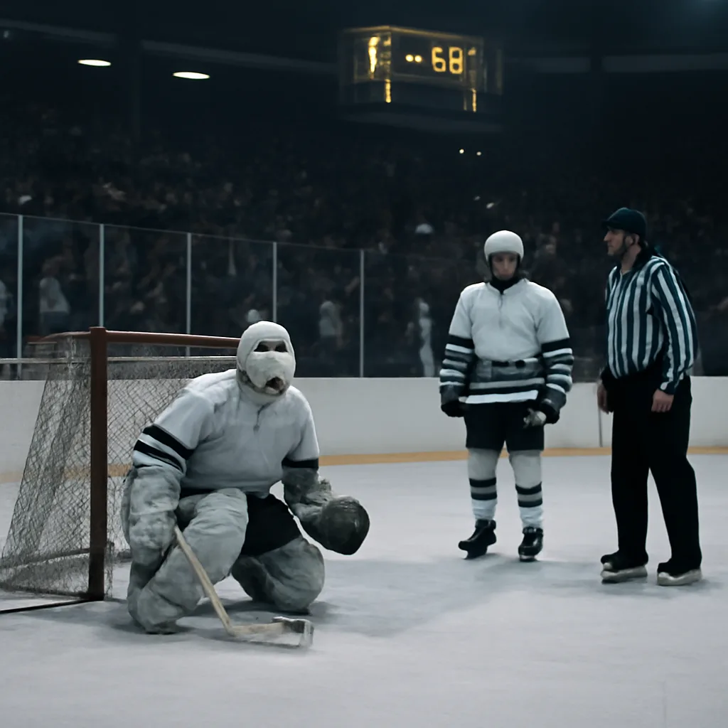 Ice hockey goaltender in full gear kneeling in the crease after a play, a teammate and an official nearby; visible hockey arena boards and spectators in the background.