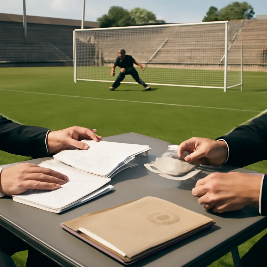 A goalkeeper training on a football pitch with officials reviewing paperwork at a table nearby, representing administrative investigation into player identity.