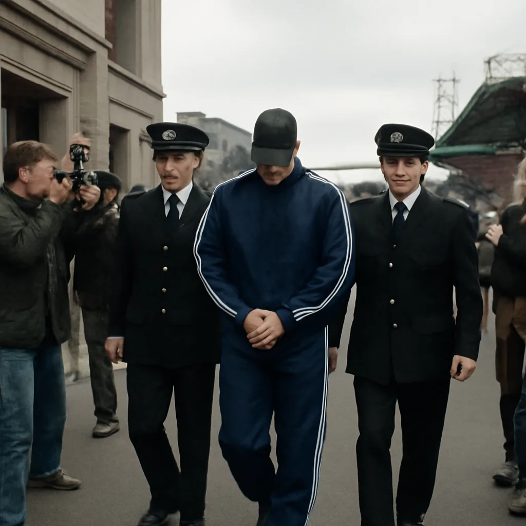 Football goalkeeper leaving a courthouse flanked by police and journalists, with club stadium blurred in the background.