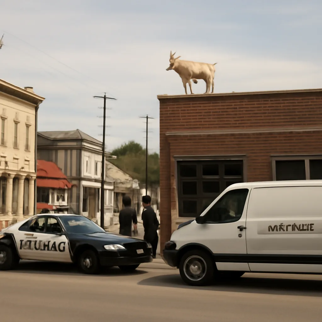 A small town street scene showing a fenced building with a goat on the roof while emergency vehicles and animal control personnel stand nearby keeping onlookers at a safe distance.