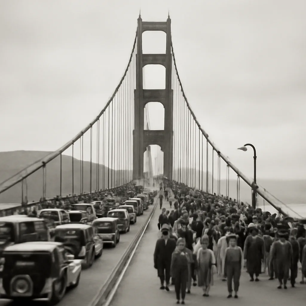 Wide view of the Golden Gate Bridge under clear skies, showing both suspension towers, the central span, and vehicles and pedestrians on the deck with the San Francisco Bay and Marin headlands in the background.