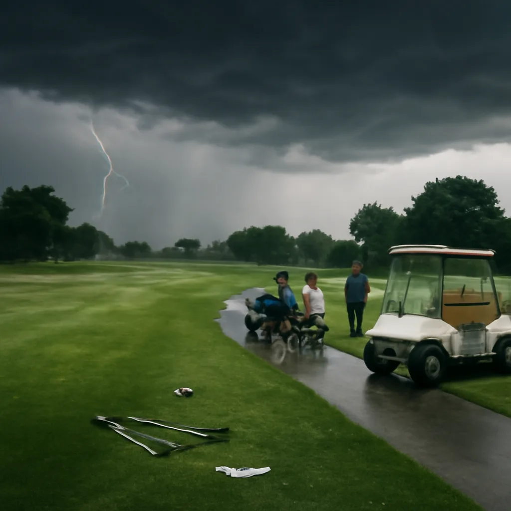 Golf course fairway under dark storm clouds with an ambulance and medical personnel near a player’s cart path; spectators and officials nearby, umbrellas closed or stowed.