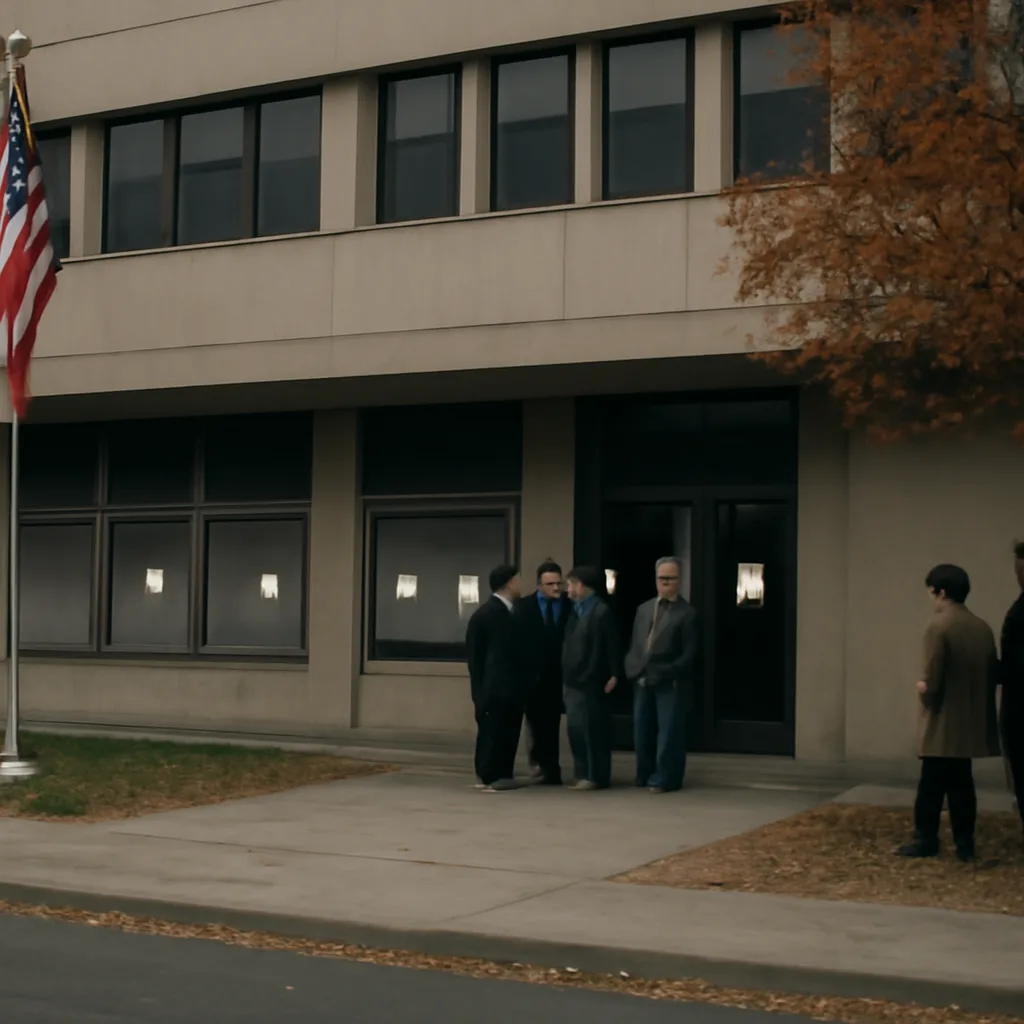 Parked government agency building with closed gates and a small group of people outside; signage indicates limited services and a U.S. flag flies nearby.