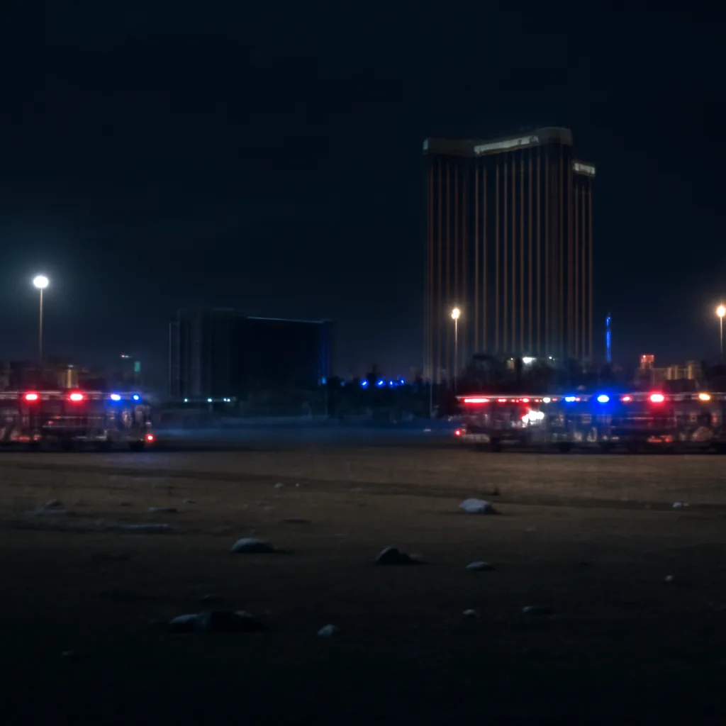 Nighttime view of an outdoor concert field on the Las Vegas Strip with emergency vehicles and crowd barriers; hotel high-rise in the background, scene lit by emergency lights and spotlights.