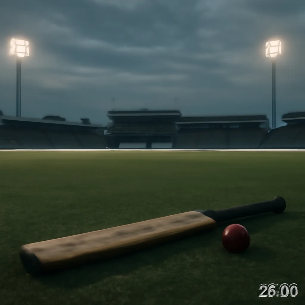 Empty international cricket field at dusk with a lone abandoned cricket bat and ball on the pitch, evocative of a career and game in crisis.