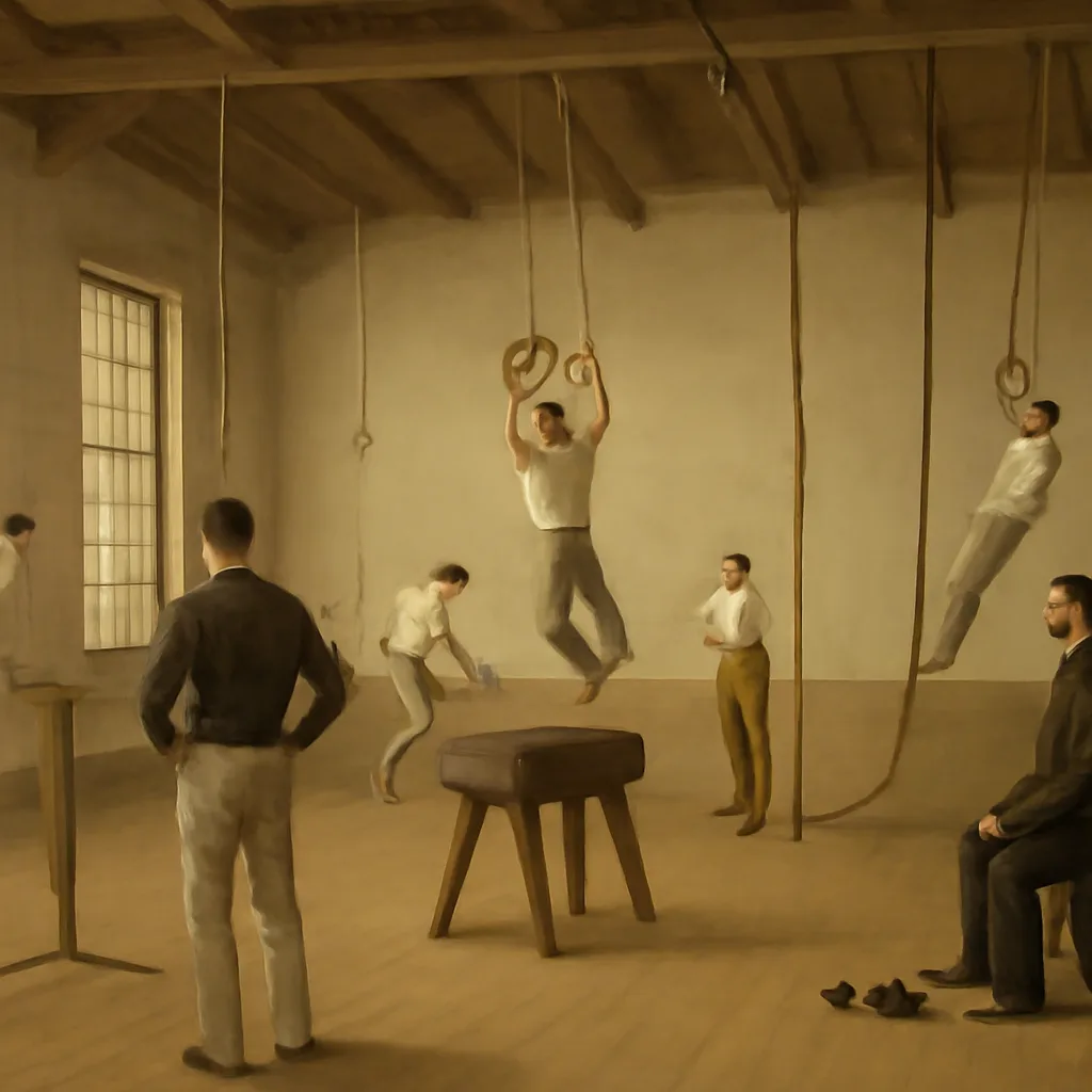 Mid-19th-century indoor college gymnasium interior with wooden beams, exercise apparatus like parallel bars and vaulting horse, men in period athletic attire practicing under instructor supervision.