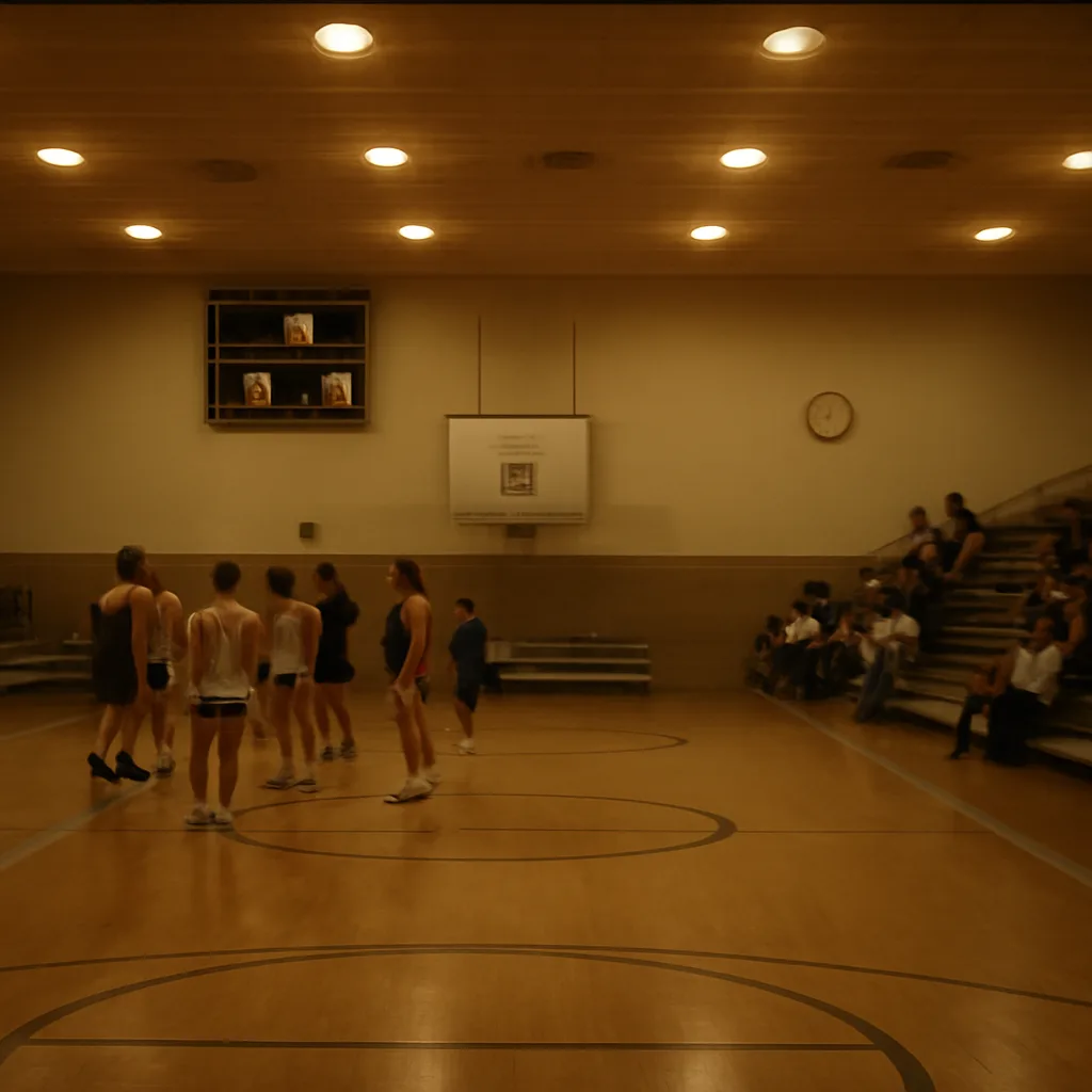 An indoor high school gymnasium in the 1970s with a wooden court, scoreboard, and empty bleachers, evoking a low-scoring basketball game.