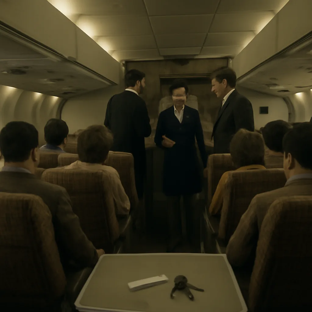 A 1970s-era narrow-body airliner cabin with passengers seated, a flight attendant speaking to crew at the front; a small toiletry tube and a pair of tied shoelaces on a nearby tray as props.