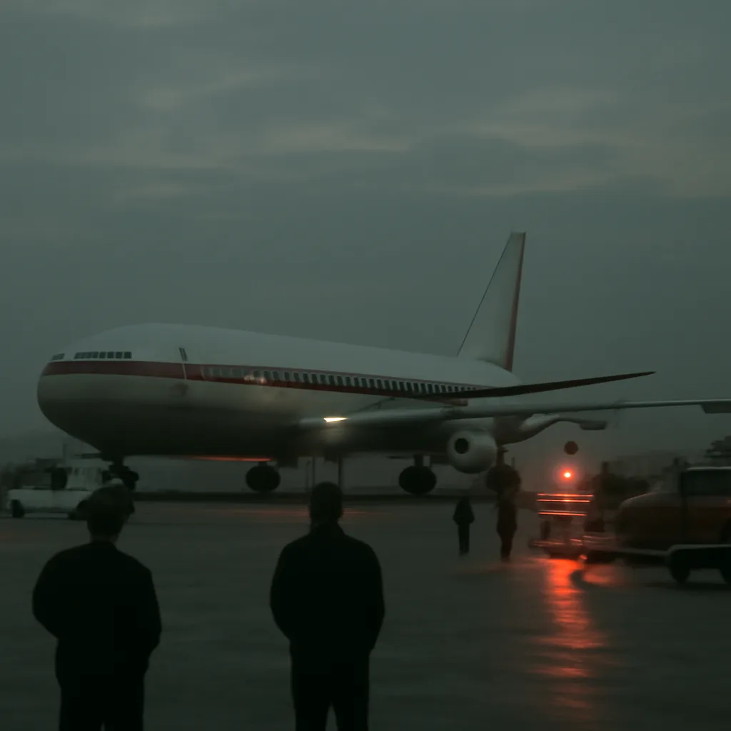 A 1970s-era commercial airliner on the tarmac at dusk with ground crew nearby and police vehicles; no identifiable faces.