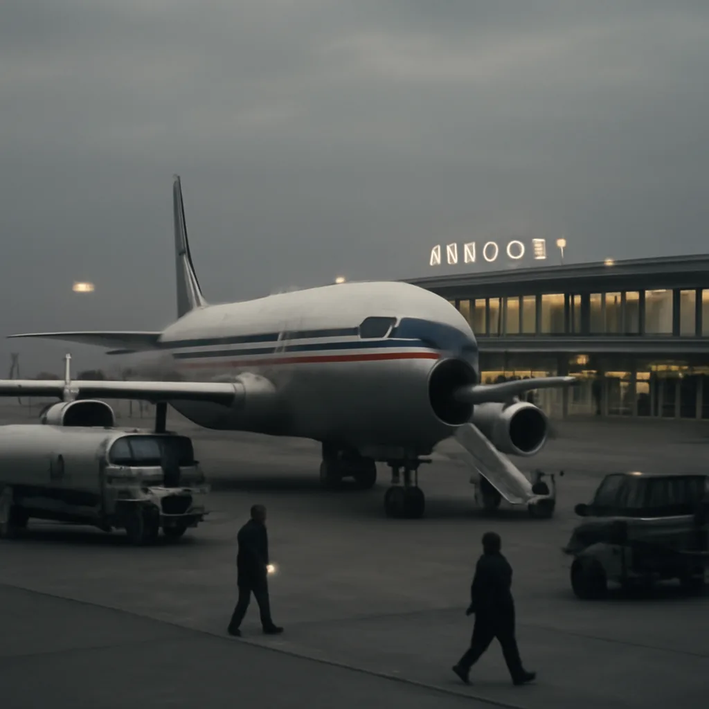 A 1970s commercial jet parked at an airport apron with ground crew and vintage service vehicles nearby; passengers and crew are not identifiable.