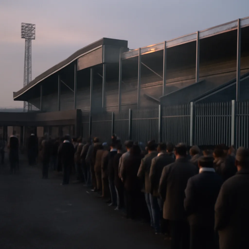 Crowded exterior turnstiles and fenced terraces at a late-20th-century football stadium showing large groups of fans queuing and stadium perimeter fencing