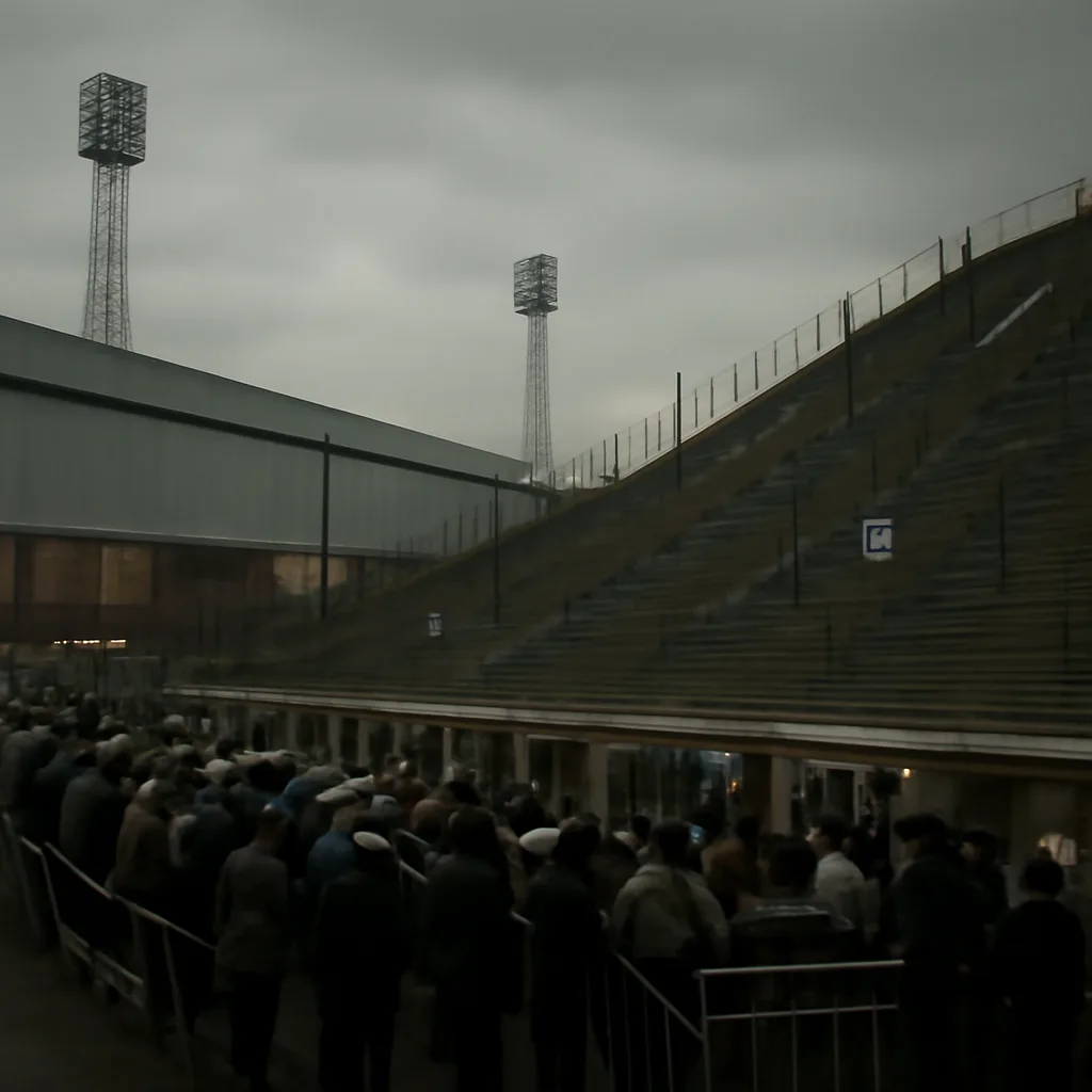 Crowd outside the Leppings Lane terrace at Hillsborough Stadium on 15 April 1989; packed terraces, police officers and stewards at turnstiles, somber atmosphere.