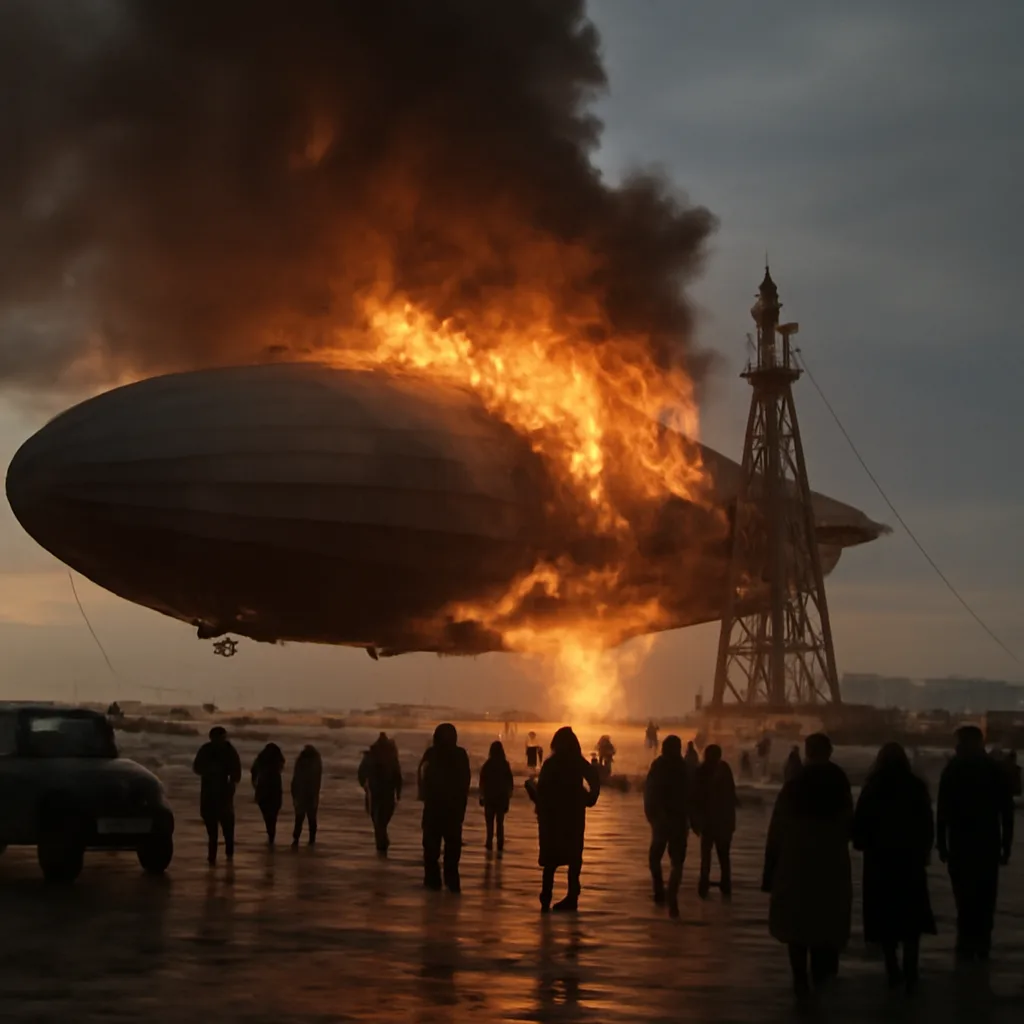 The Hindenburg airship aflame as it nears the mooring mast at Lakehurst, with smoke and fire along the hull and ground crew and vehicles nearby.
