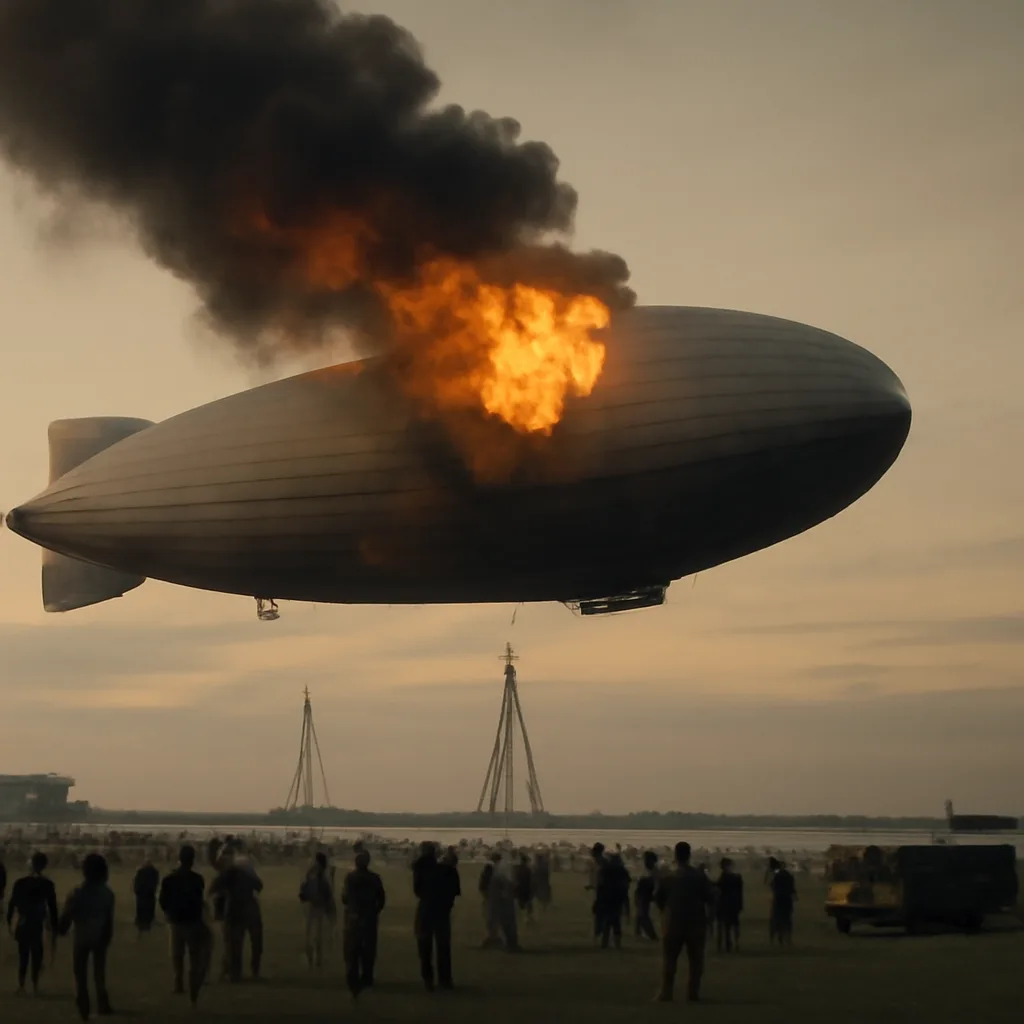 The German passenger airship Hindenburg descending toward the Lakehurst mooring mast with smoke and flames beginning at the forward section, ground personnel and onlookers on the airfield in 1937.