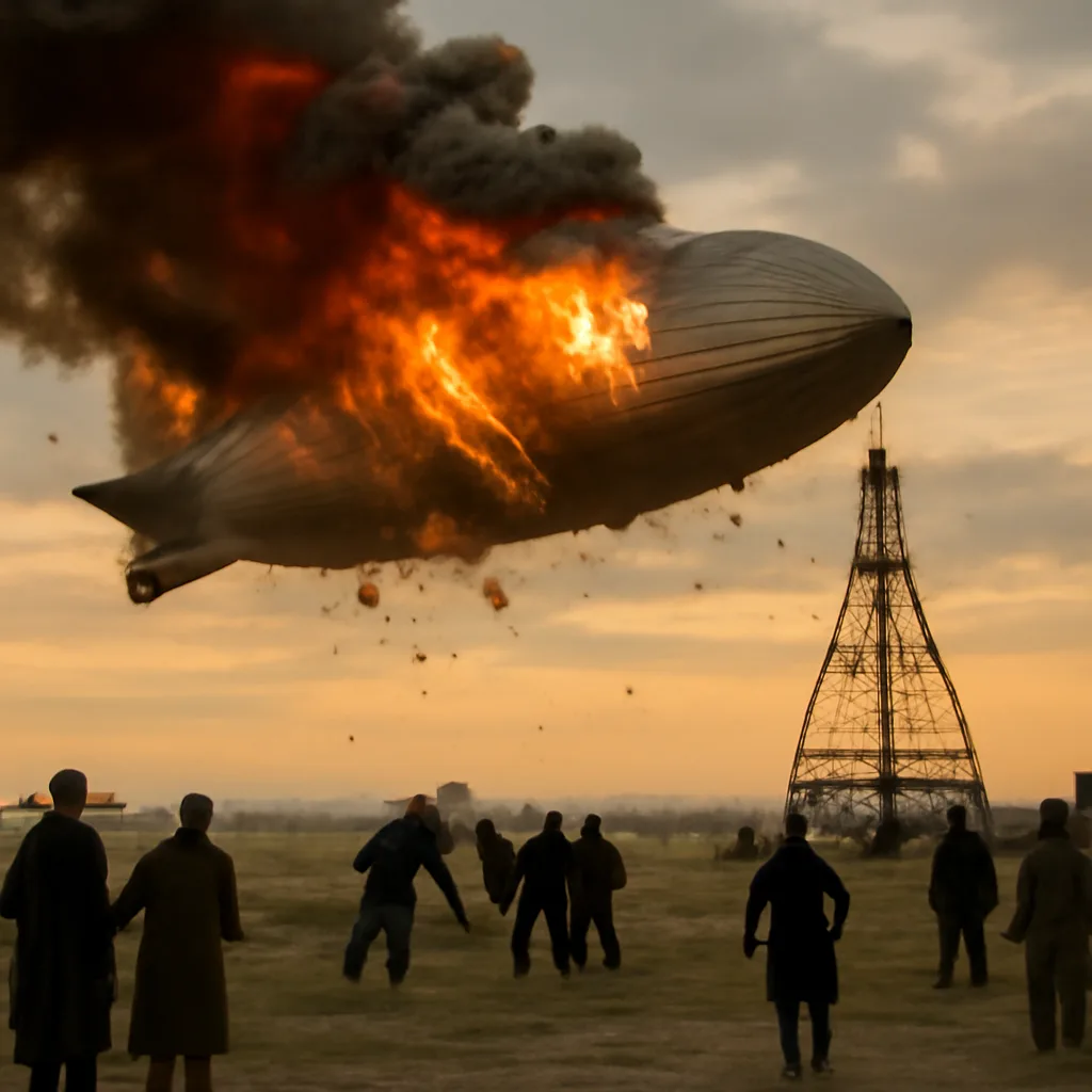 The burning Hindenburg airship descending toward the Lakehurst mooring mast amid smoke and flames, with ground crew and onlookers at the field (historic scene from January 1938).