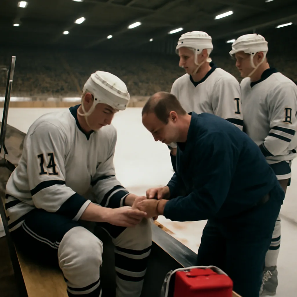 Hockey player on the ice receiving medical attention near the boards after a game injury; gloves, skate, stick, and arena boards visible.