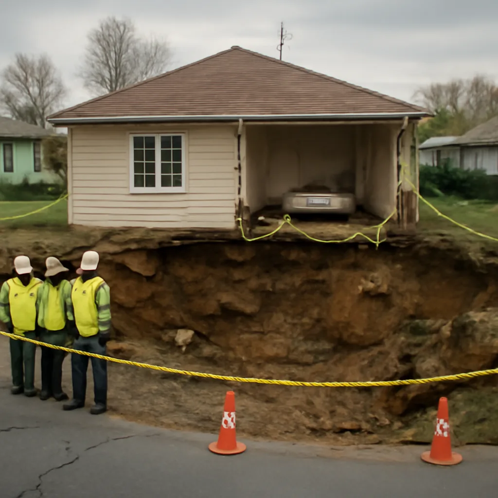 A suburban house with a collapsed section where the bedroom once stood, an open irregular sinkhole in the yard, emergency tape and cones around the perimeter, and workers in hard hats assessing the scene.