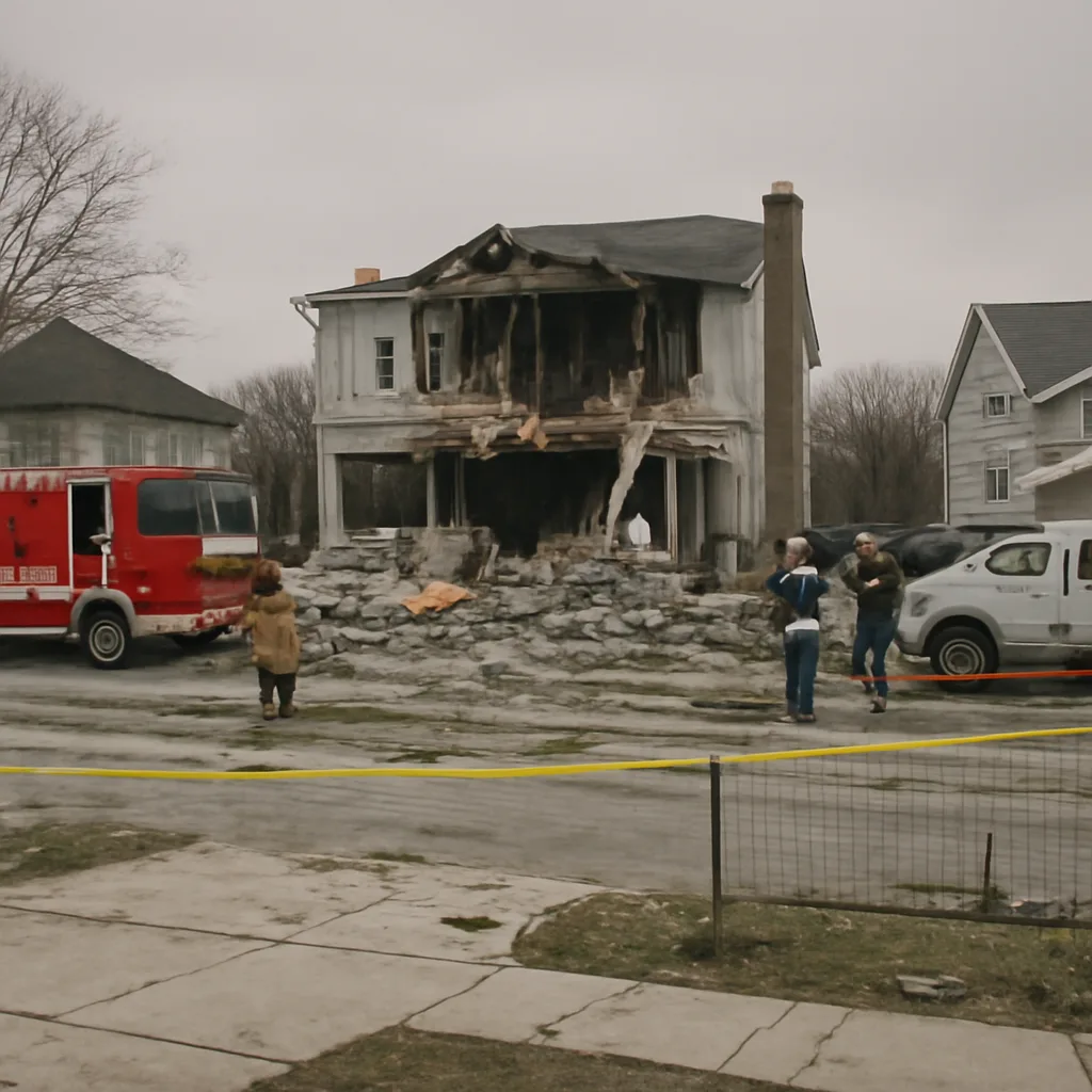 Damaged residential house after an explosion with debris in the yard and emergency tape around the property; responders and utility crews present.