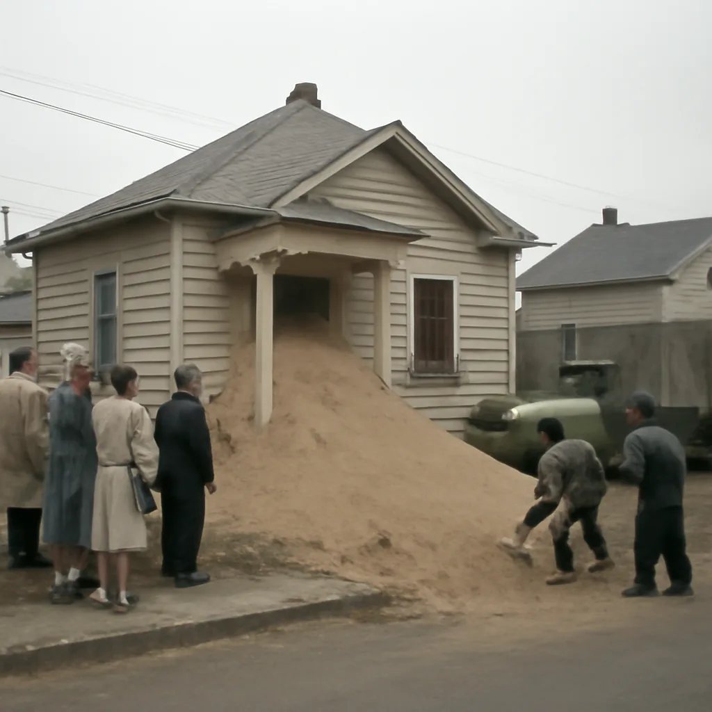Exterior view of a mid-20th-century wooden house with sand piled up against and partially filling doorways and ground-floor windows, street and neighboring homes visible in period style.