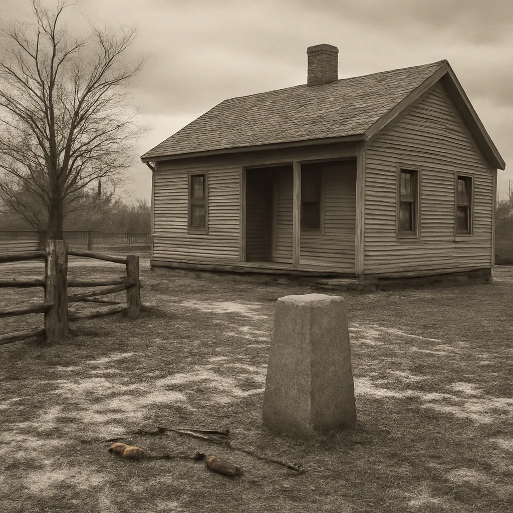 Early 20th-century wooden house with nearby stone marker and split-rail fence in a small town setting, winter ground conditions visible.