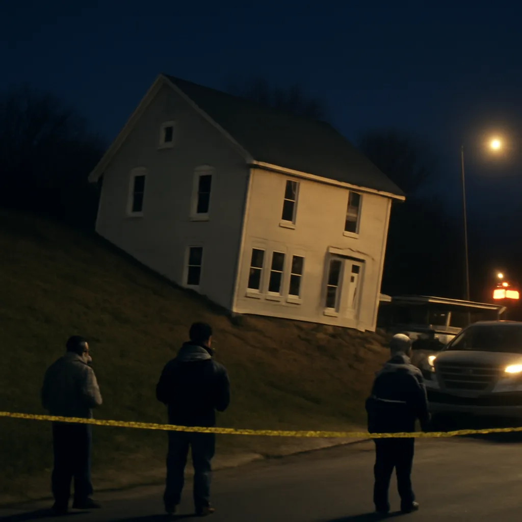A single-family house tilted and shifted down a grassy, eroded hillside at night, with emergency tape and responders nearby; the structure remains standing but visibly displaced.