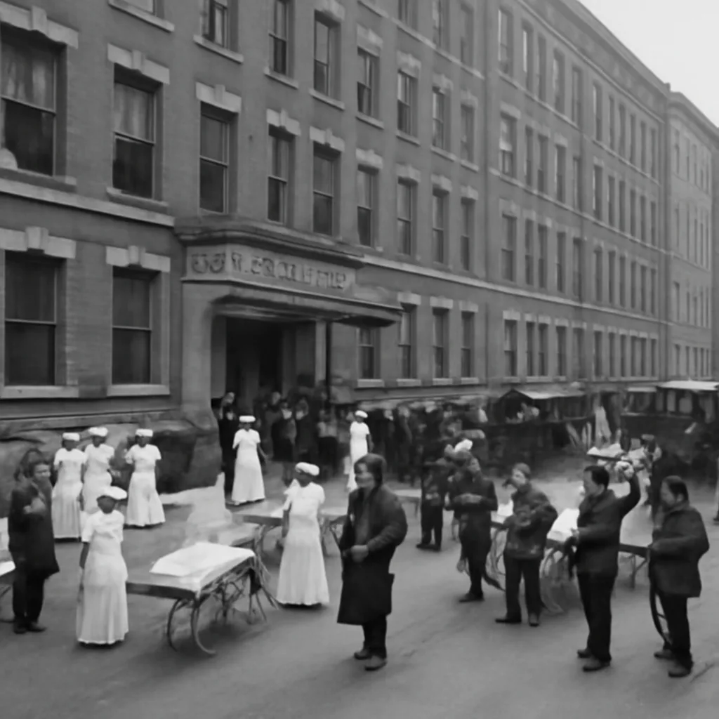 Early 20th-century Bellevue Hospital exterior with crowds, horse-drawn vehicles, and uniformed responders during a daytime emergency drill.
