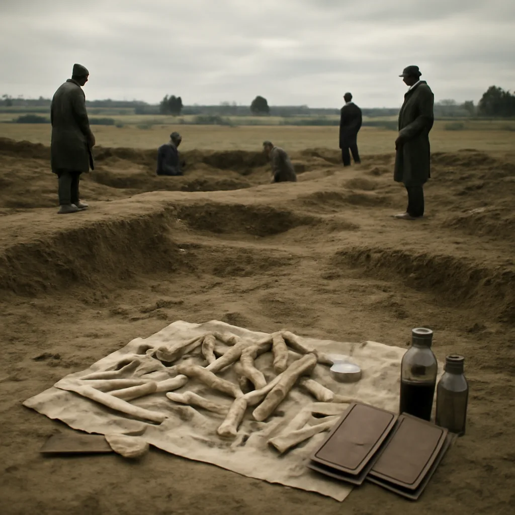 A wide view of an early 20th-century archaeological dig near Piltdown, Sussex, showing excavation pits, scattered bone fragments on cloth, wooden tools and field notebooks on the ground, and researchers in period dress examining finds from a distance.