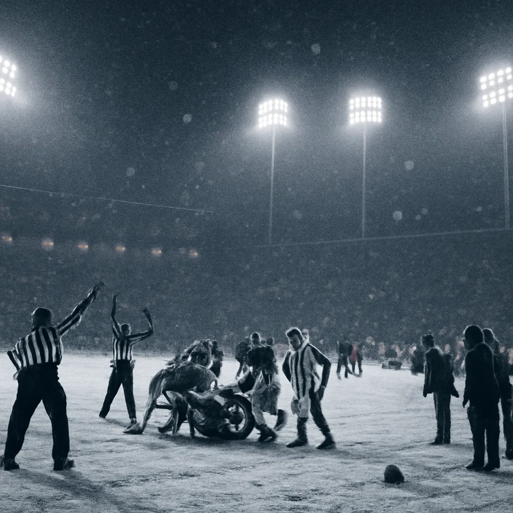 Snow-covered outdoor football stadium at night during a playoff game, players clustered near the line of scrimmage under stadium lights, officials and a referee signaling on the field; visible breath in cold air.
