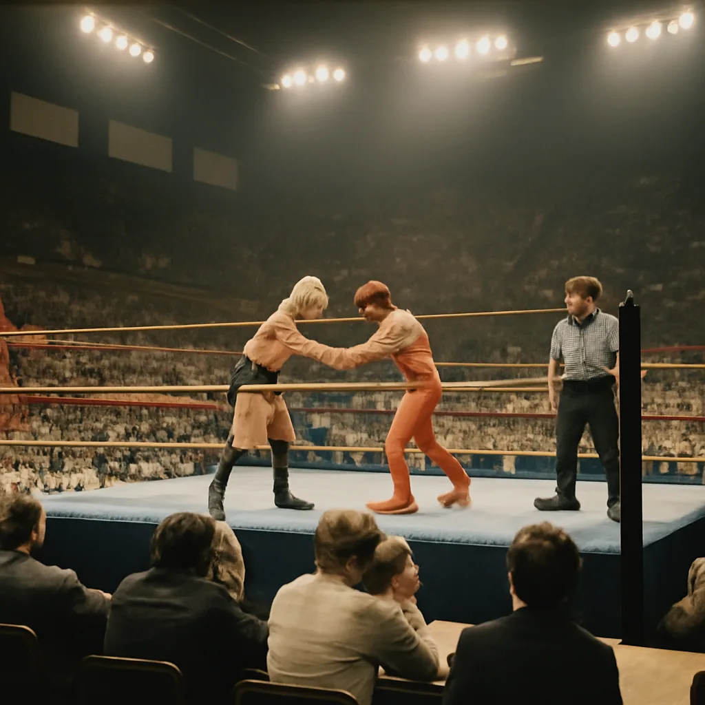 Wrestling ring at Madison Square Garden in the 1980s with a packed arena, wrestlers and referee visible near the center of the ring; arena lighting and crowd reflect a major televised wrestling event.