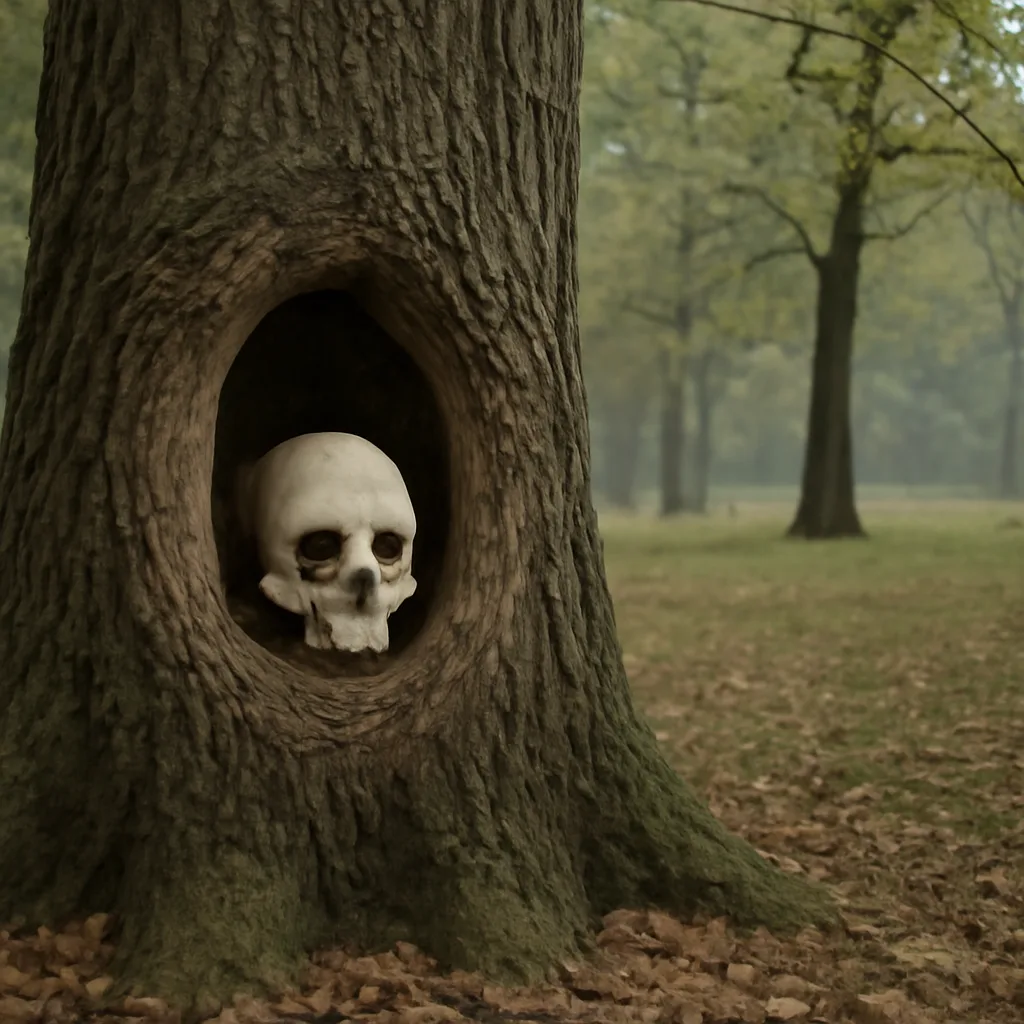 A living deciduous tree with a recessed cavity in its trunk containing part of a human skull; grassy ground and wooded background suggest a rural setting.