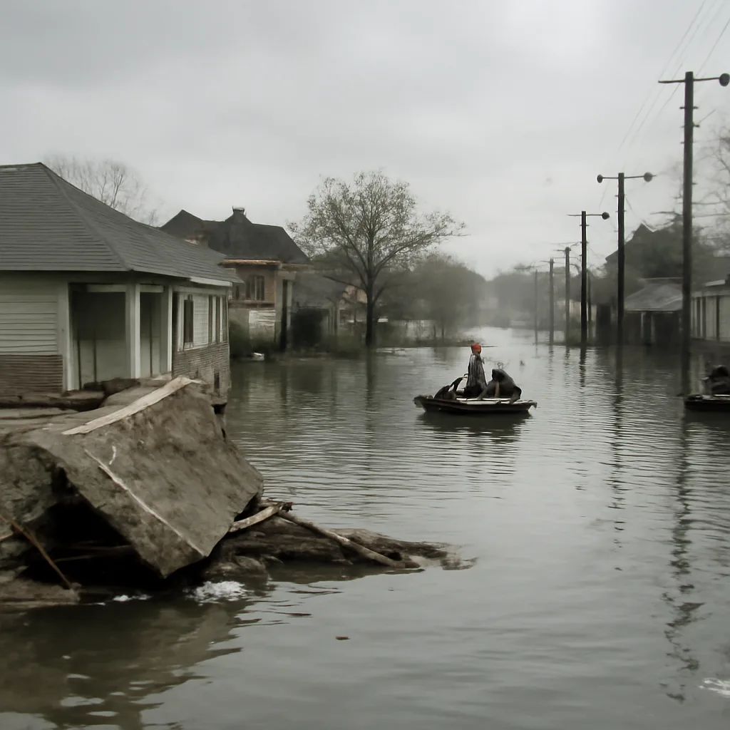 Flooded New Orleans street after Hurricane Katrina: residential homes partly submerged, standing water reaching porches, overturned debris and emergency boats nearby.