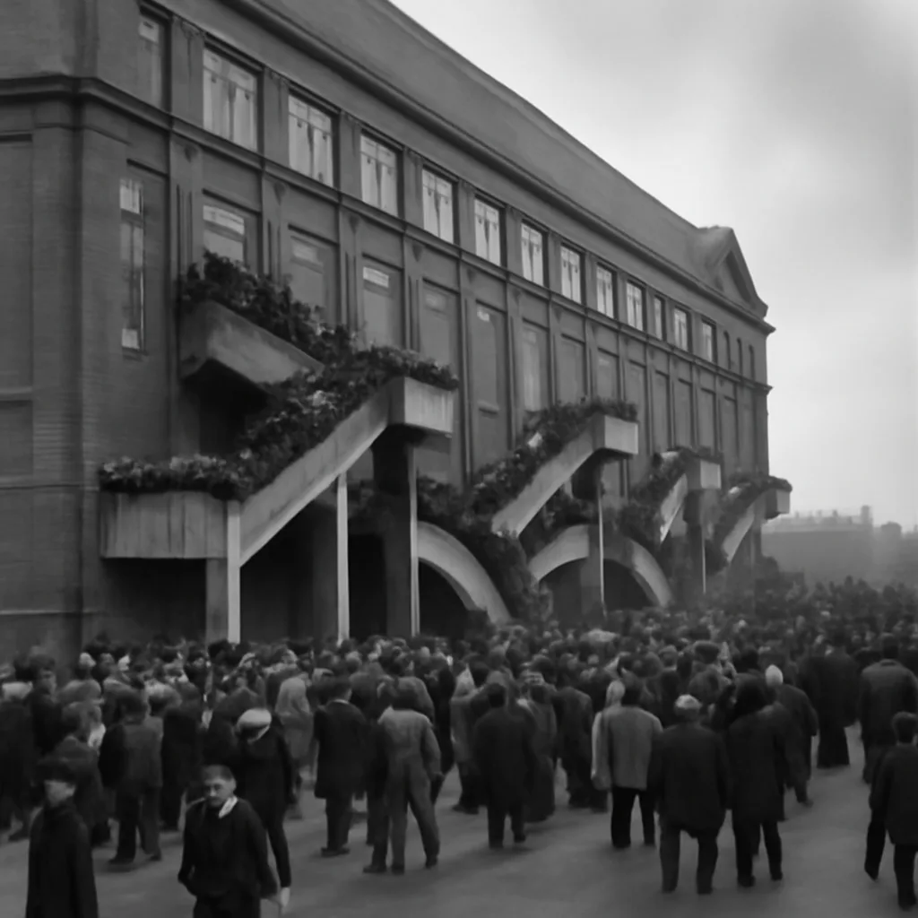 Crowded exterior view of Ibrox Stadium's west stand and entrance stairways in winter 1971, showing groups of spectators leaving after a match; no identifiable faces.